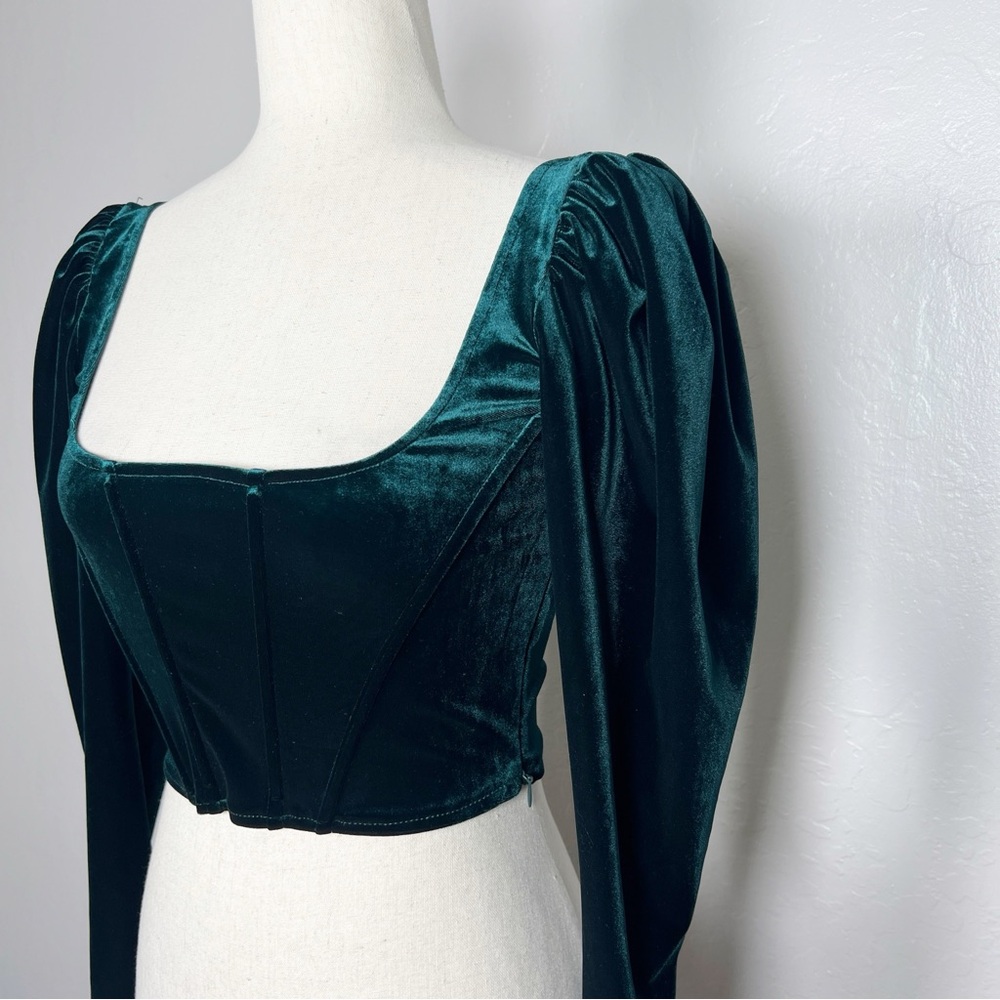 ZARA Women’s Size S Green Velvet Long Puff Sleeve Cropped Square-Neck Corset Top - Picture 6 of 14